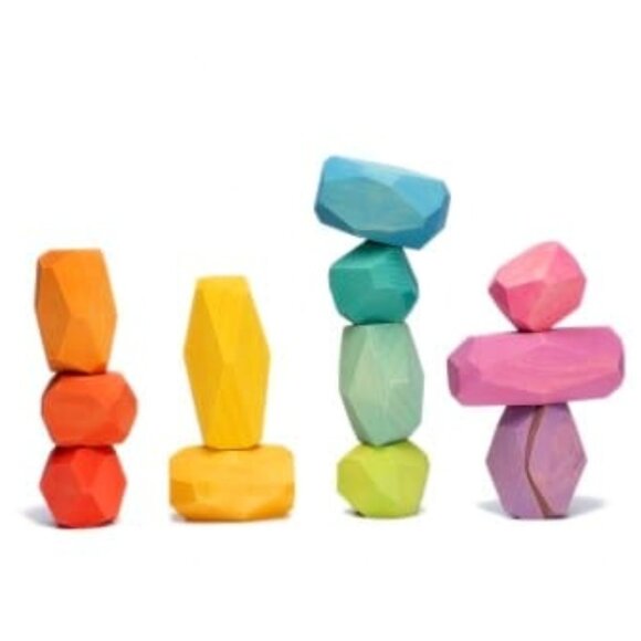 NWT Ocamora Wooden Toys Rainbow Stones/Teniques - 12 Pieces - Picture 1 of 7